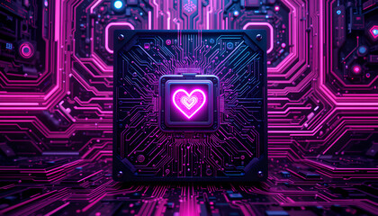 glowing pink neon heart on a futuristic circuit board. perfect for tech, love, and valentine's day designs. abstract, digital background.