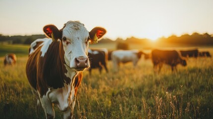Sunset casts warm light on cows grazing in serene, open field, e