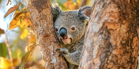 Obraz premium Camouflaged koala blends seamlessly with tree trunk, showcasing its remarkable ability to hide within nature. This camouflaged koala demonstrates effective survival strategies in its habitat.