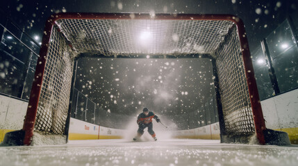 Ice hockey player shooting under heavy snow at night