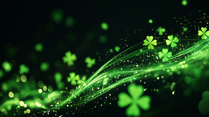 Vibrant Green Shamrock Abstract Background for St. Patrick's Day, A captivating abstract background featuring glowing green shamrocks against a dark, black backdrop.