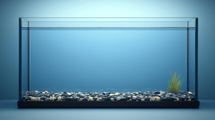 Glass rectangular aquarium tank with water, pebbles and plant on blue background
