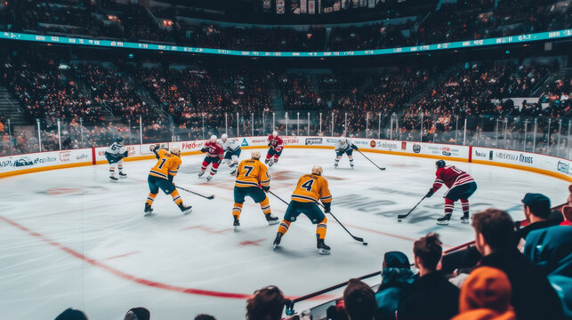 Professional hockey players competing during a game in a crowded arena - Powered by Adobe