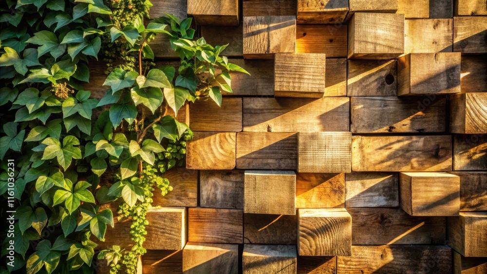 Poster A wall constructed from wooden blocks in an abstract pattern, with a vibrant green vine growing along the side, creating a contrast of textures and colors.