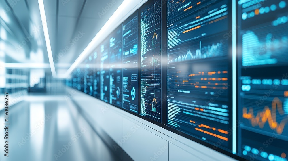 Aufkleber a futuristic corridor showcasing digital screens with data visualizations, graphs, and charts, highl