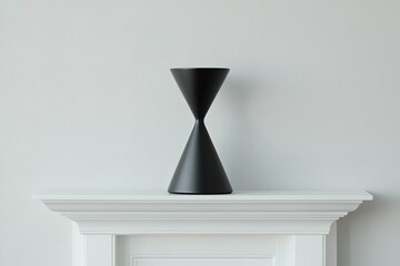 Sleek black hourglass vase on a white mantelpiece. Modern minimalist home decor.