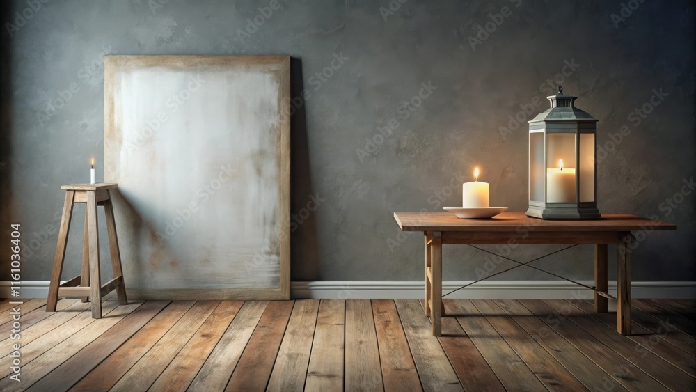 Poster A rustic wooden stool with a single burning candle sits next to a blank canvas in a dimly lit room, while a lantern and a second candle cast warm light on a wooden table in the foreground.