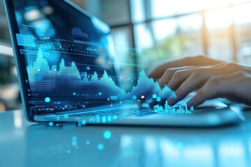 Analyzing financial data on a laptop.  Graphs and charts overlay the screen, illustrating market trends.
