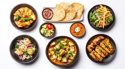 A bowl of crab soup, tofu salad, samosa, grilled chicken, chicken curry, fries with sauce.