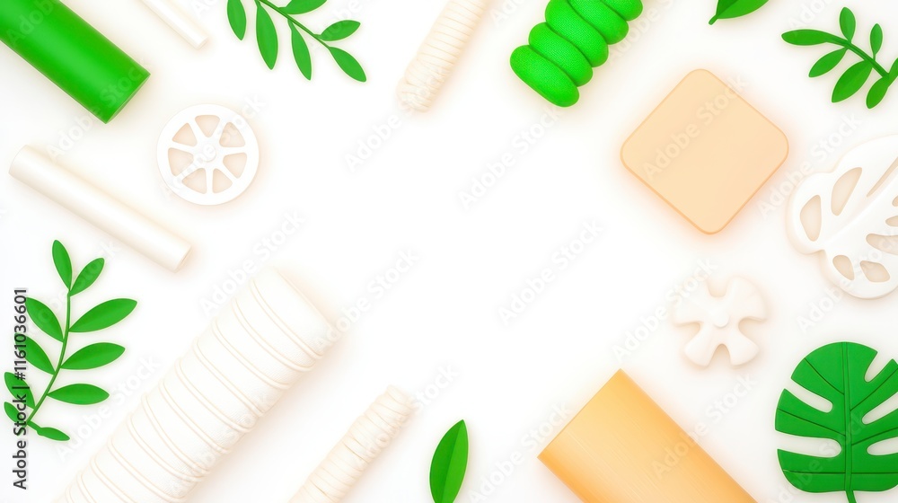 Poster a vibrant arrangement of green and white objects with botanical elements, creating a fresh and clean
