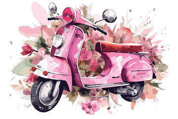 Watercolor spring illustration with scooter and spring flowers, isolated on white background