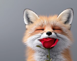 Obraz premium A cheerful fox holding a red rose, radiating joy and charm.