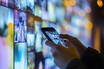 Person browsing photos on a smartphone against a backdrop of a digital photo wall.