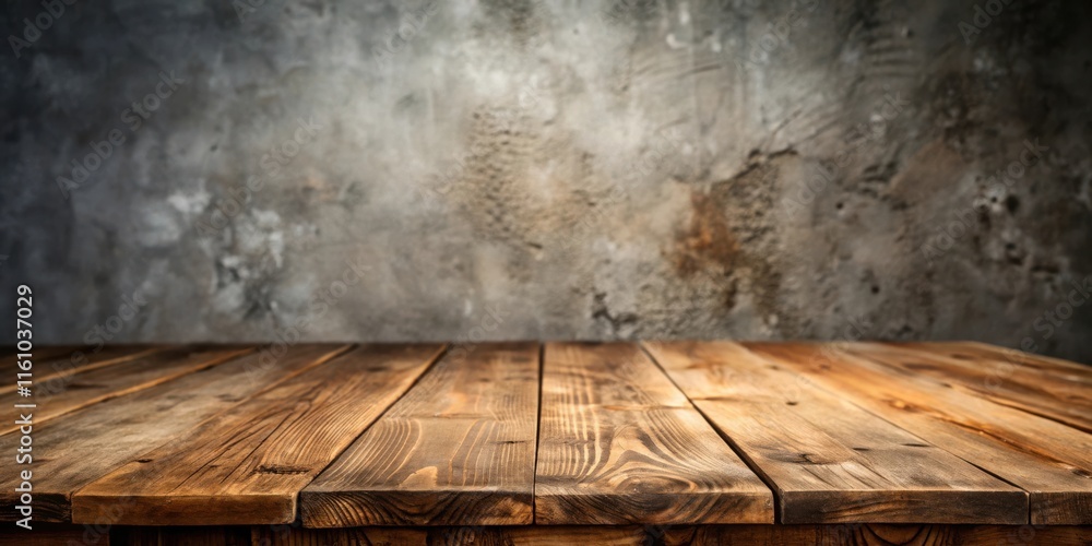 Poster rustic wooden tabletop with a gray concrete background, perfect for product placement or a rustic ae