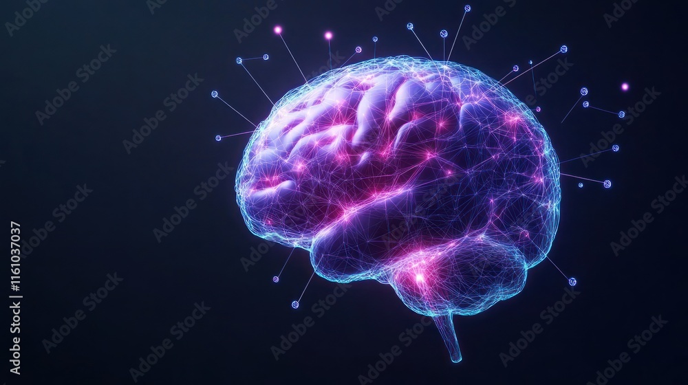Poster a digital representation of a brain with glowing connections.