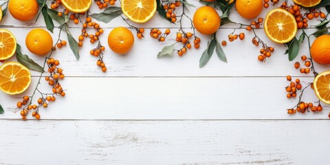 Orange and sea buckthorn create a vibrant display on a white wooden background, highlighting the concept of seasonal vitamins and healthy eating during the festive period. Ample copy space available.