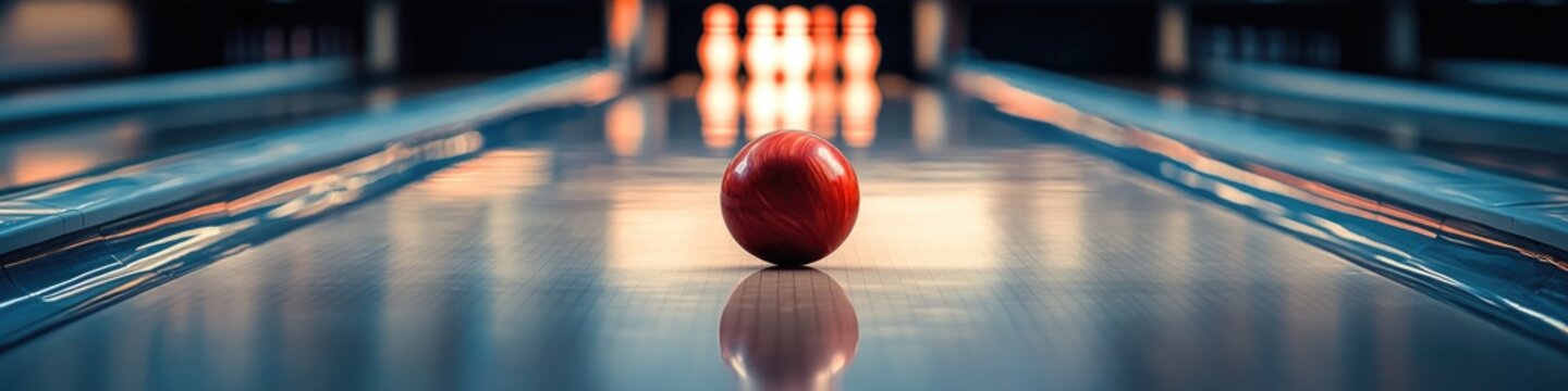 Bright red bowling ball poised on shiny lane, illuminated by sof