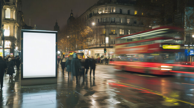 Blank billboard in London at night with red bus passing by