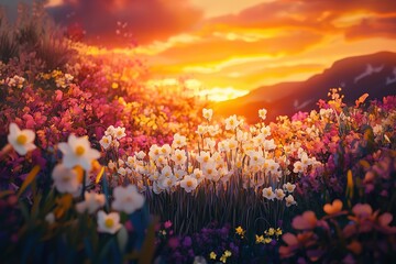 Naklejka premium Sunset illuminates a vibrant field of wildflowers, creating a breathtaking scene of natural beauty.