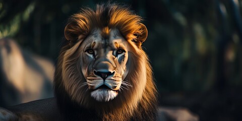 Fototapeta premium Imposing male lion gazing intently in its enclosure at the zoo, showcasing the majestic features of the male lion, a powerful symbol of wildlife in a captivating zoo setting.