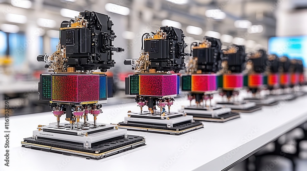 Poster a row of advanced robotic devices featuring colorful components, showcased in a modern tech environm
