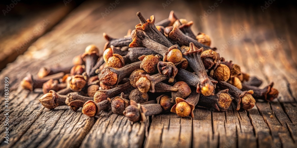 Poster a close-up image of whole cloves piled together on a rustic wooden surface, showcasing their brown c