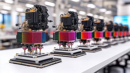 A row of advanced robotic devices featuring colorful components, showcased in a modern tech environment.