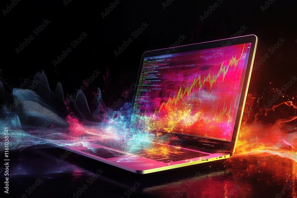 Poster laptop displaying dynamic data visualization, vibrant colors and energy. financial technology concep