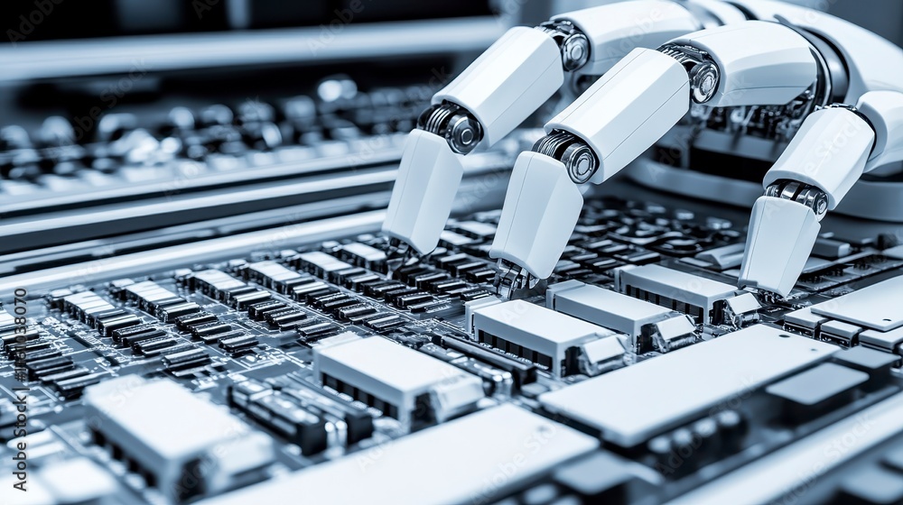 Poster a robotic hand interacts with a circuit board, highlighting advancements in automation and technolog