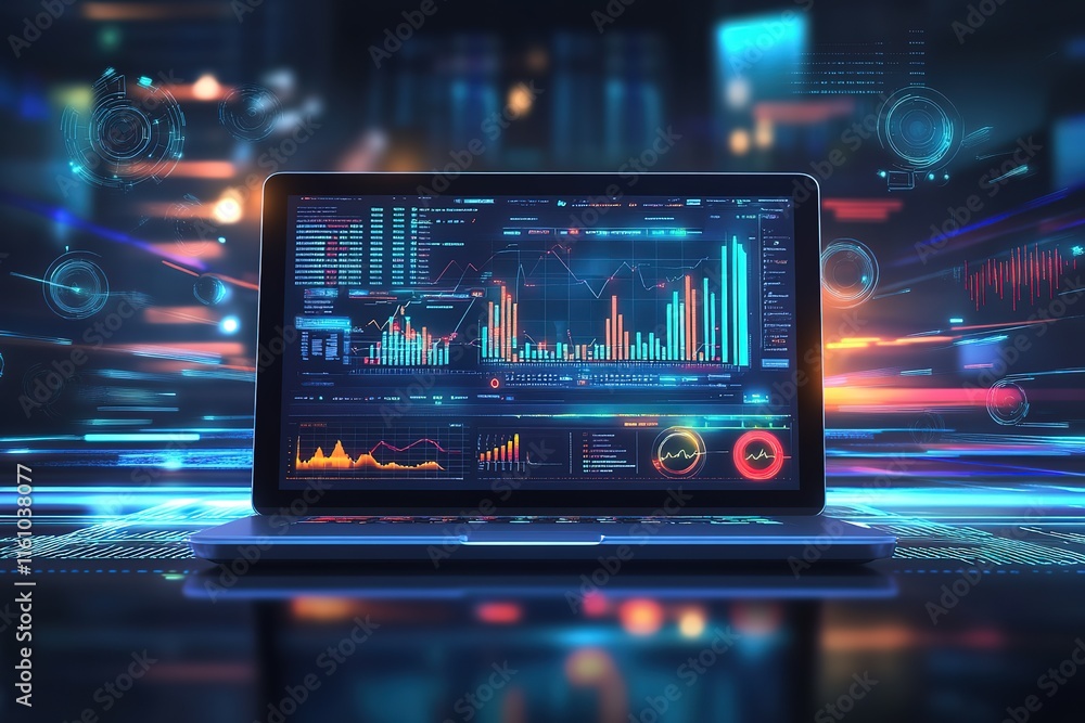 Poster laptop displaying dynamic financial data charts and graphs against a blurred city background. modern