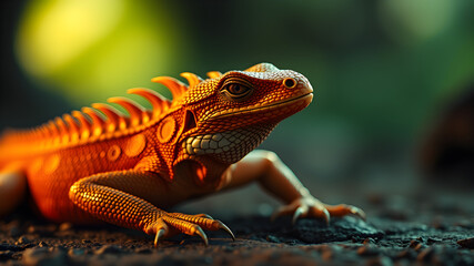 Obraz premium A lizard with orange and white markings is laying on the ground