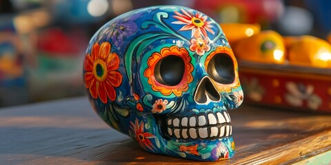 Fototapeta premium Decorative painted skull for a celebration of the Day of the Dead, showcasing vibrant colors and intricate designs typical of Day of the Dead traditions. Perfect for cultural and festive themes.