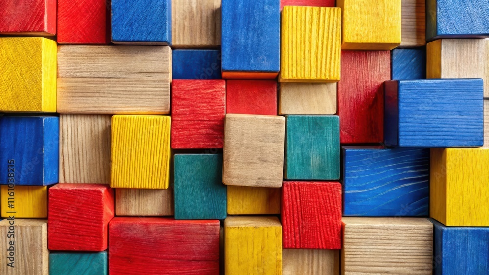 Poster a captivating mosaic of colorful wooden blocks, arranged in an intricate pattern, showcasing vibrant
