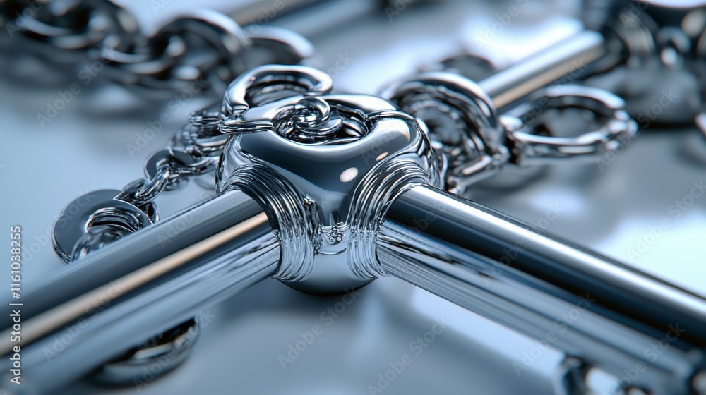 Poster a close-up image of shiny metal chains interconnected, showcasing intricate details and a reflective