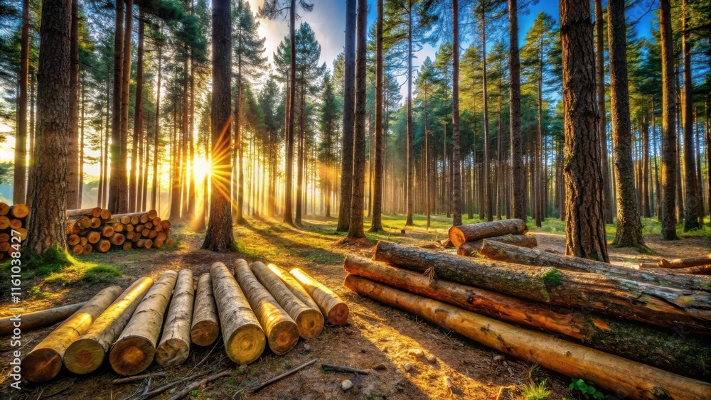 Aufkleber golden rays of sunlight illuminate a dense forest, casting long shadows on the forest floor, where s