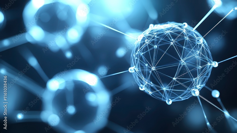 Poster a close-up view of interconnected spherical structures, representing molecular or cellular networks 
