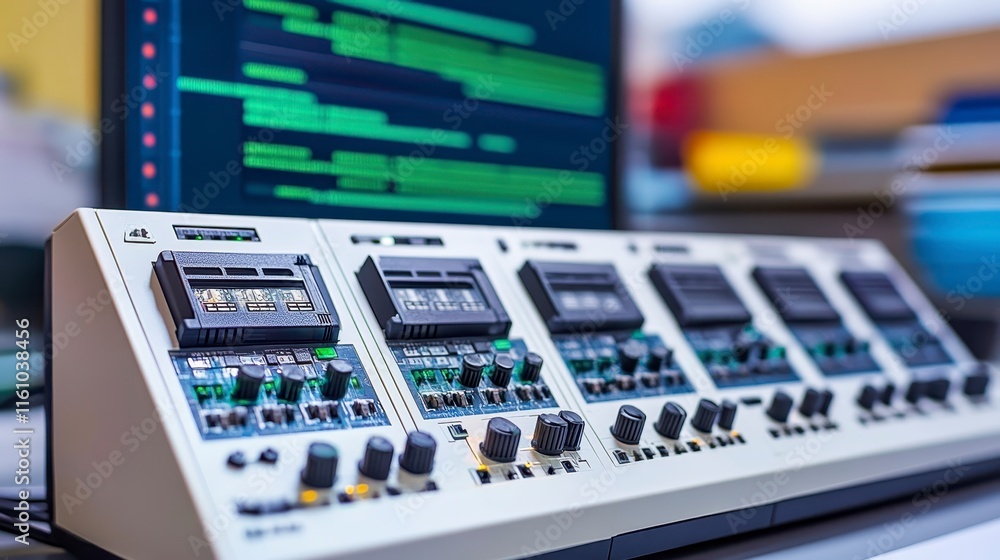 Poster a modern audio mixing console with multiple controls, showcasing a sleek design and digital display 