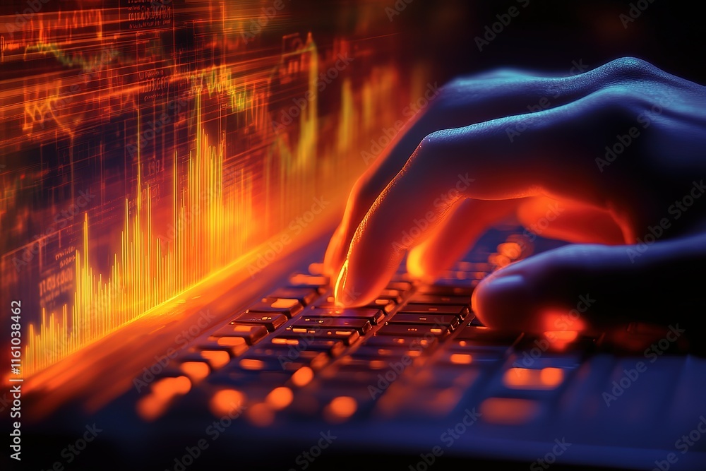 Poster hands typing on laptop with dynamic financial data displayed on screen.