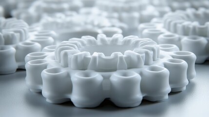 A close-up view of intricate white gears or mechanical components arranged in a circular pattern, showcasing detailed design and craftsmanship.