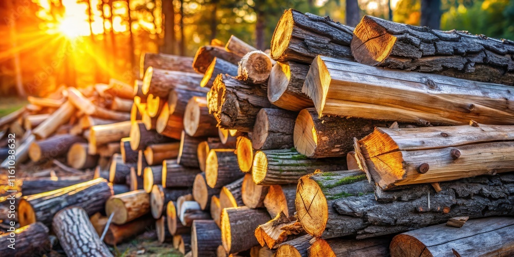 Poster golden sunlight illuminates a stack of logs, glowing with warmth, and casting long shadows on the fo