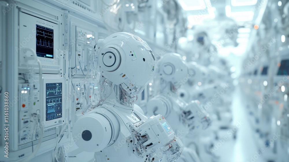 Poster a futuristic scene featuring humanoid robots in a high-tech environment, showcasing advanced technol