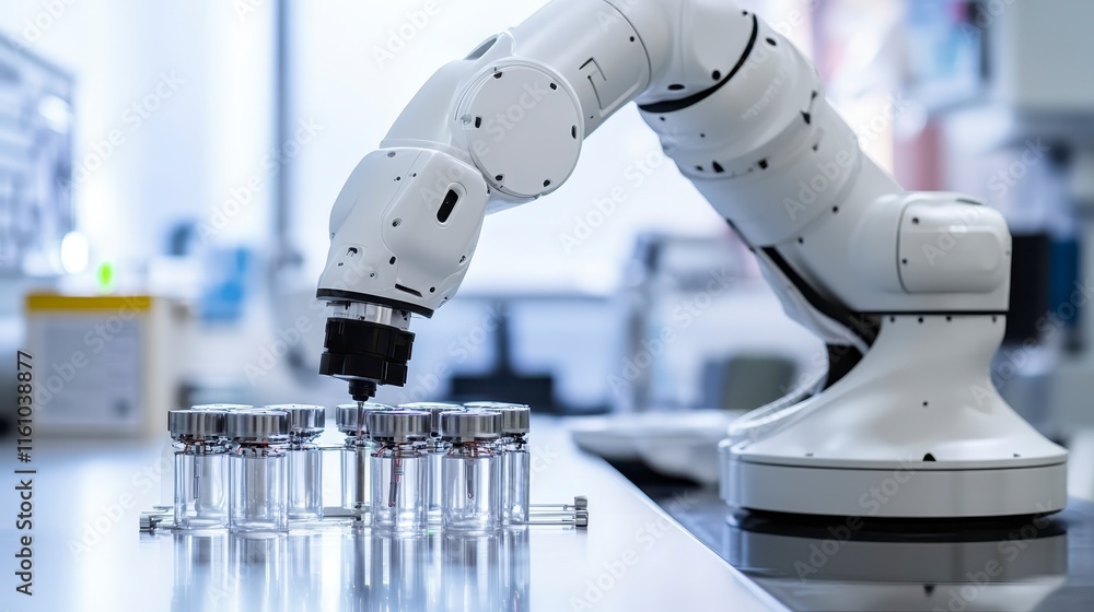 Poster a robotic arm is handling glass vials in a laboratory setting, showcasing advanced automation and pr