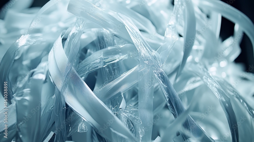 Poster a close-up view of translucent, tangled plastic strips, creating an abstract and textured appearance