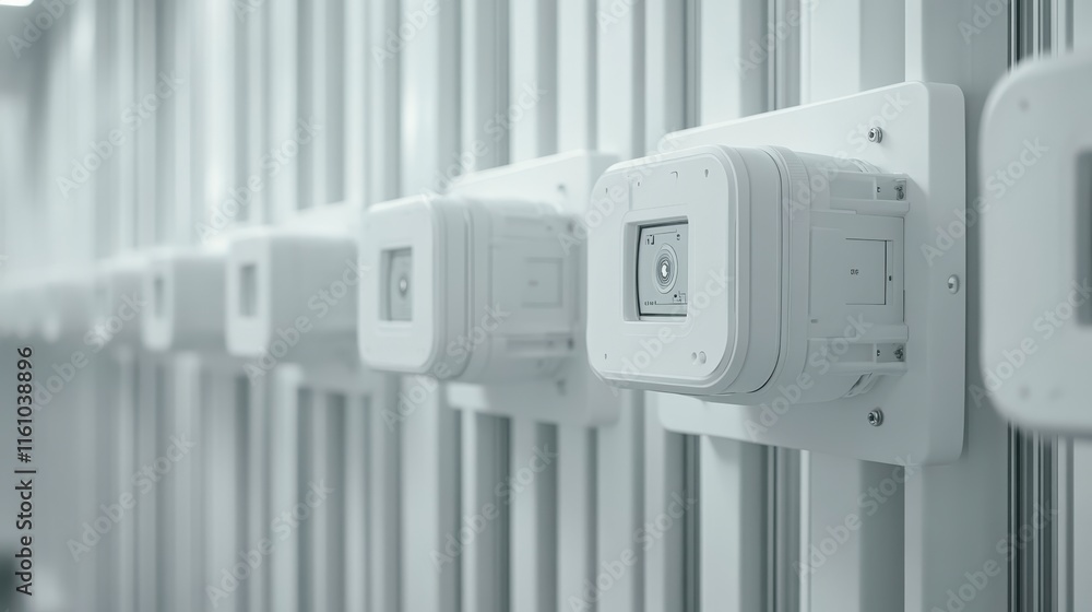 Poster a row of modern electronic devices mounted on a wall, featuring sleek white designs and digital disp