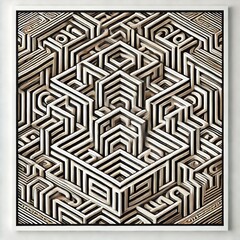 A mesmerizing optical illusion artwork featuring a maze-like pattern with overlapping and interlocking pathways. The design is composed of intricate