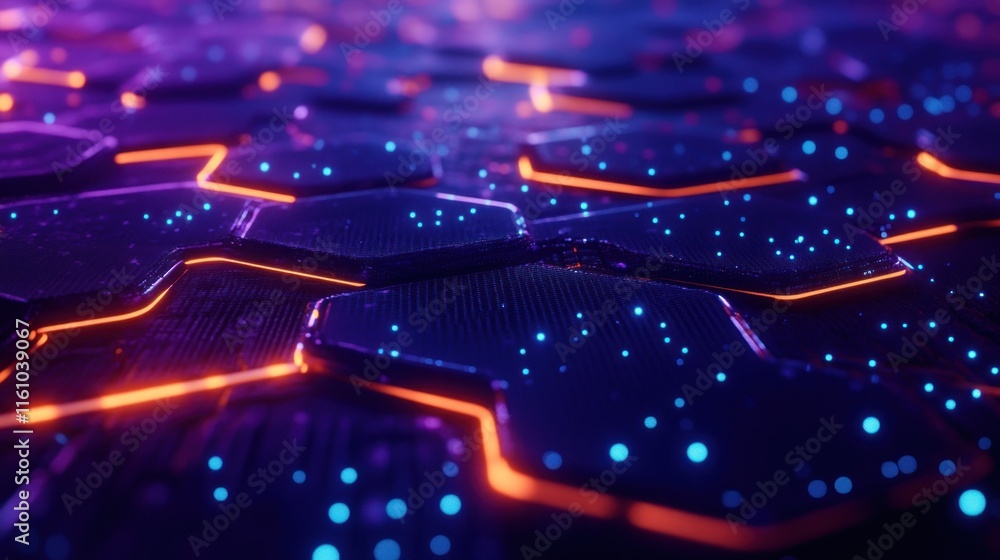 Poster abstract hexagon pattern with neon lights.