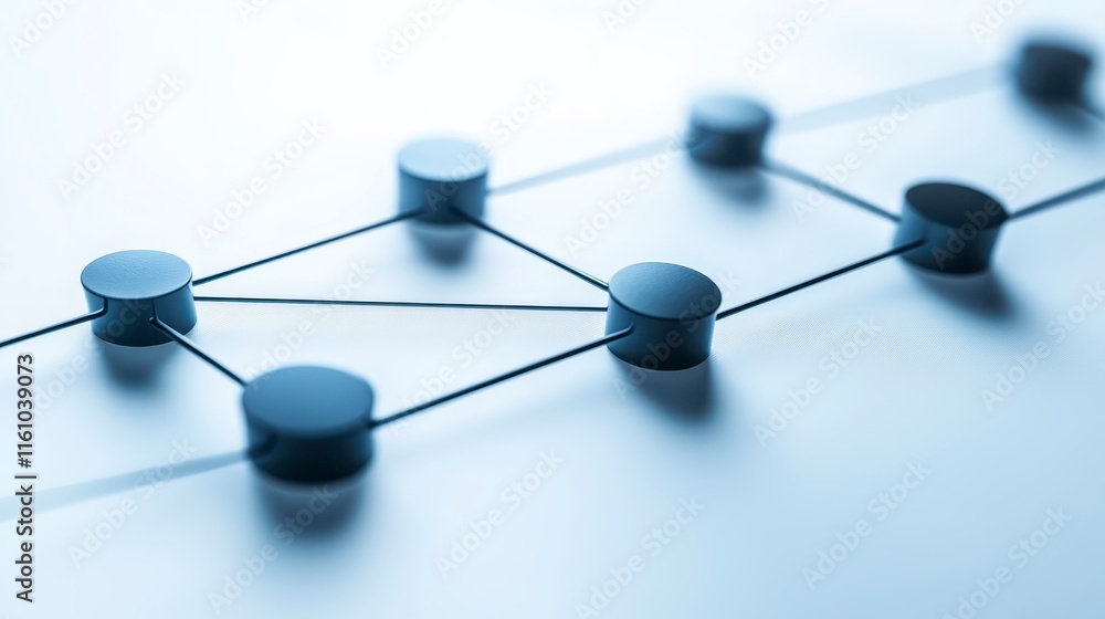 Poster a close-up image of connected circular nodes on a wireframe, symbolizing networks, connections, or d