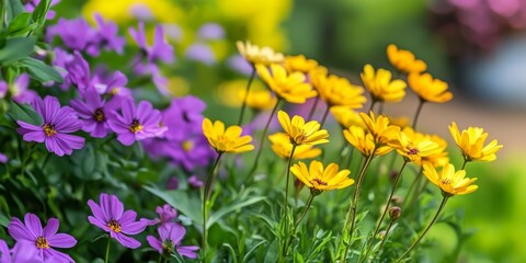 Obraz premium Vibrant yellow and purple flower plants bloom beautifully in the spring season, showcasing the stunning colors of yellow and purple flowers that brighten the landscape during spring.