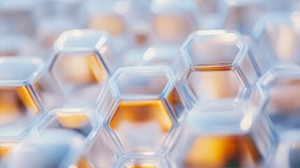 Fototapeta premium A close-up view of interconnected hexagonal structures, showcasing transparency and light reflection, creating an abstract, geometric pattern.
