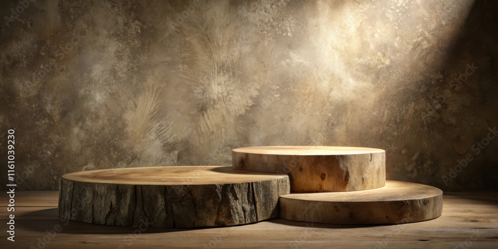 Aufkleber Rustic wooden platform with three tiers in front of a textured backdrop with a single spotlight for product display
